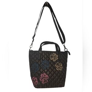 LUG Black Quilted Tote with Multicolor Paw Embroidery Crossbody Bag